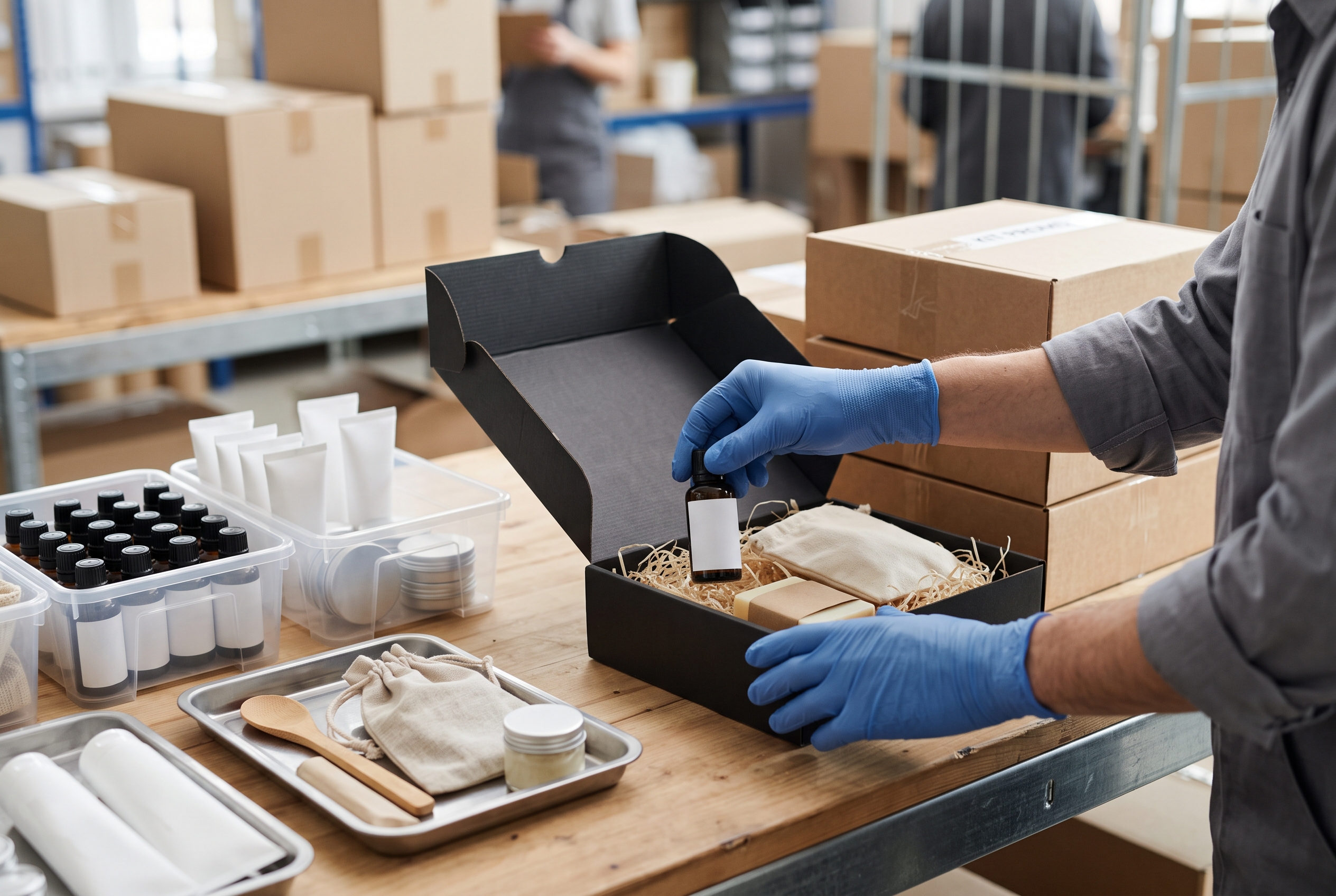 Composizione kit e confezioni Operatore compone un kit di prodotti in una scatola su un banco di confezionamento
