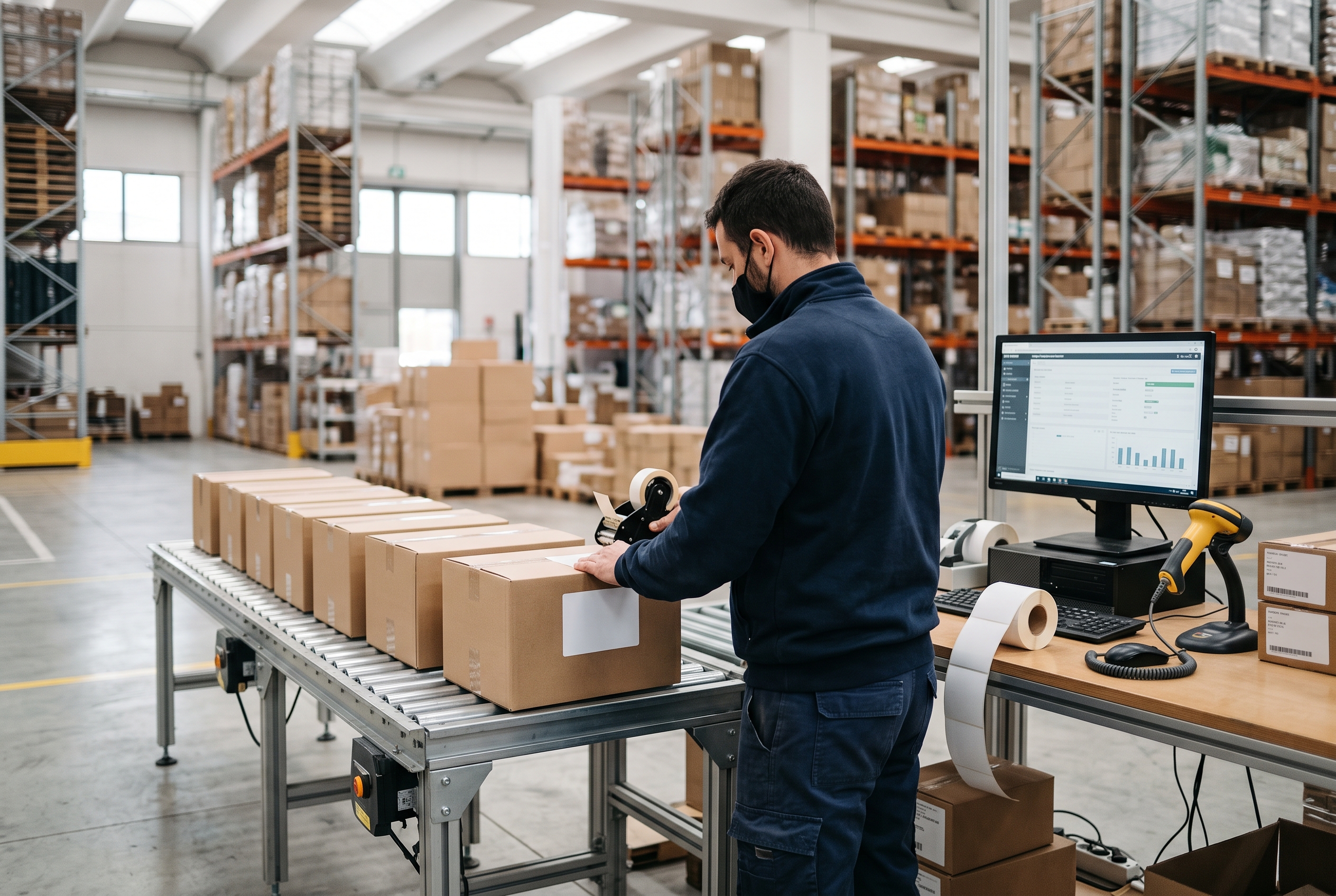 Etichettatura e controllo confezioni Postazione di etichettatura e controllo con lettore barcode in magazzino