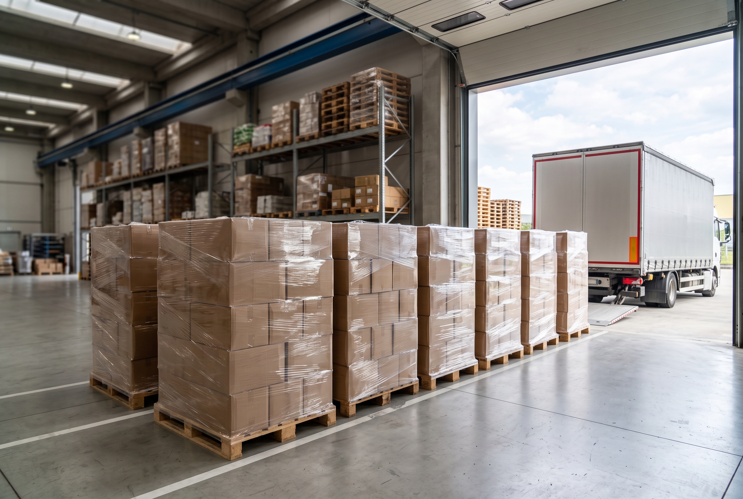 Pallet pronti alla spedizione Pallet di prodotti confezionati e filmati pronti alla spedizione nella baia di carico