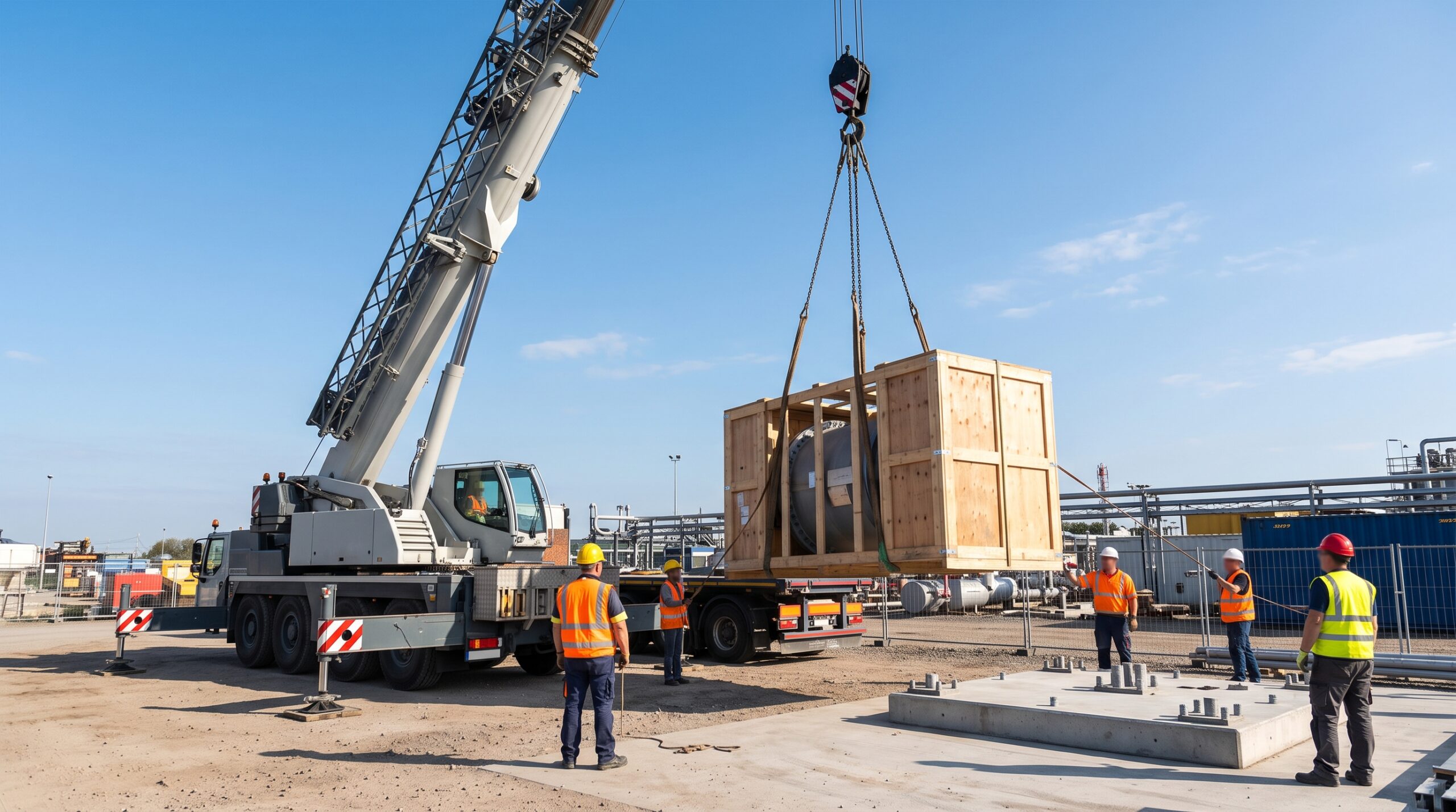 Scarico diretto sul punto di posa Autogru posa un collo industriale dal pianale del camion direttamente sul basamento in cantiere