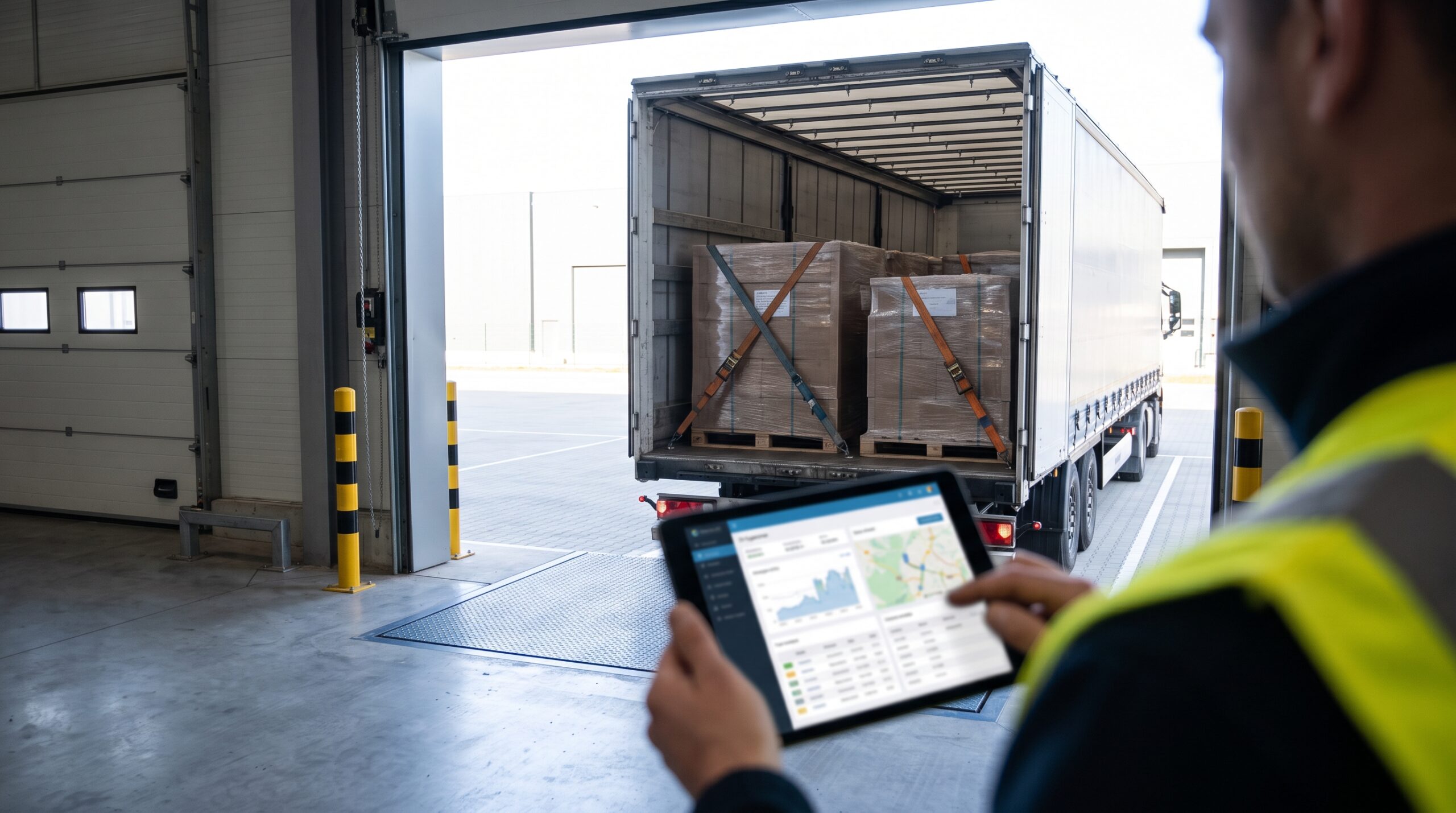 Pianificazione del transloading Camion in banchina con pallet caricati e fissati, programma delle consegne consultato su tablet